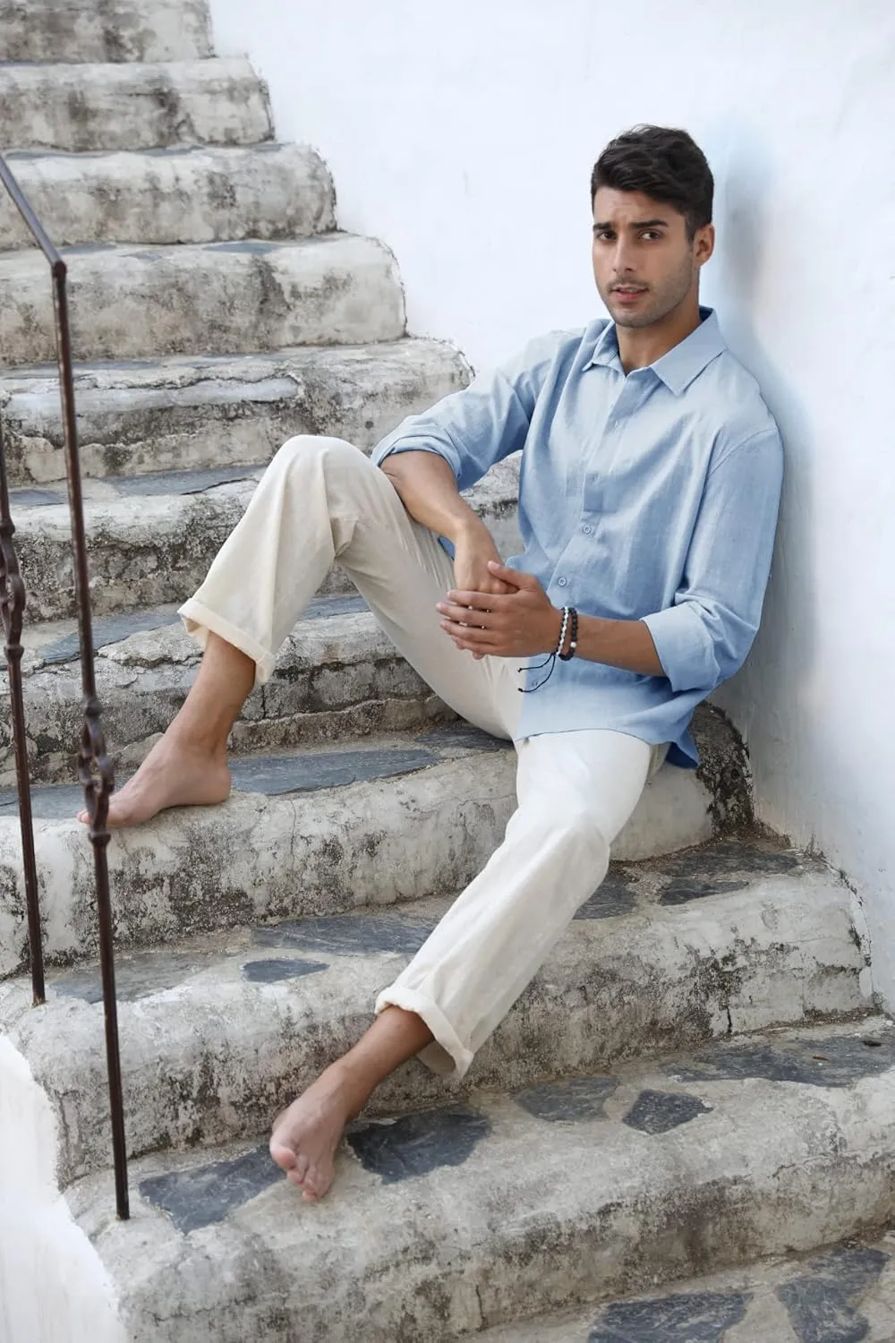 Mens Button Down Shirt Linen Cotton Shirts Casual Long Sleeve Spread Collar Lightweight Beach Plain Tops
