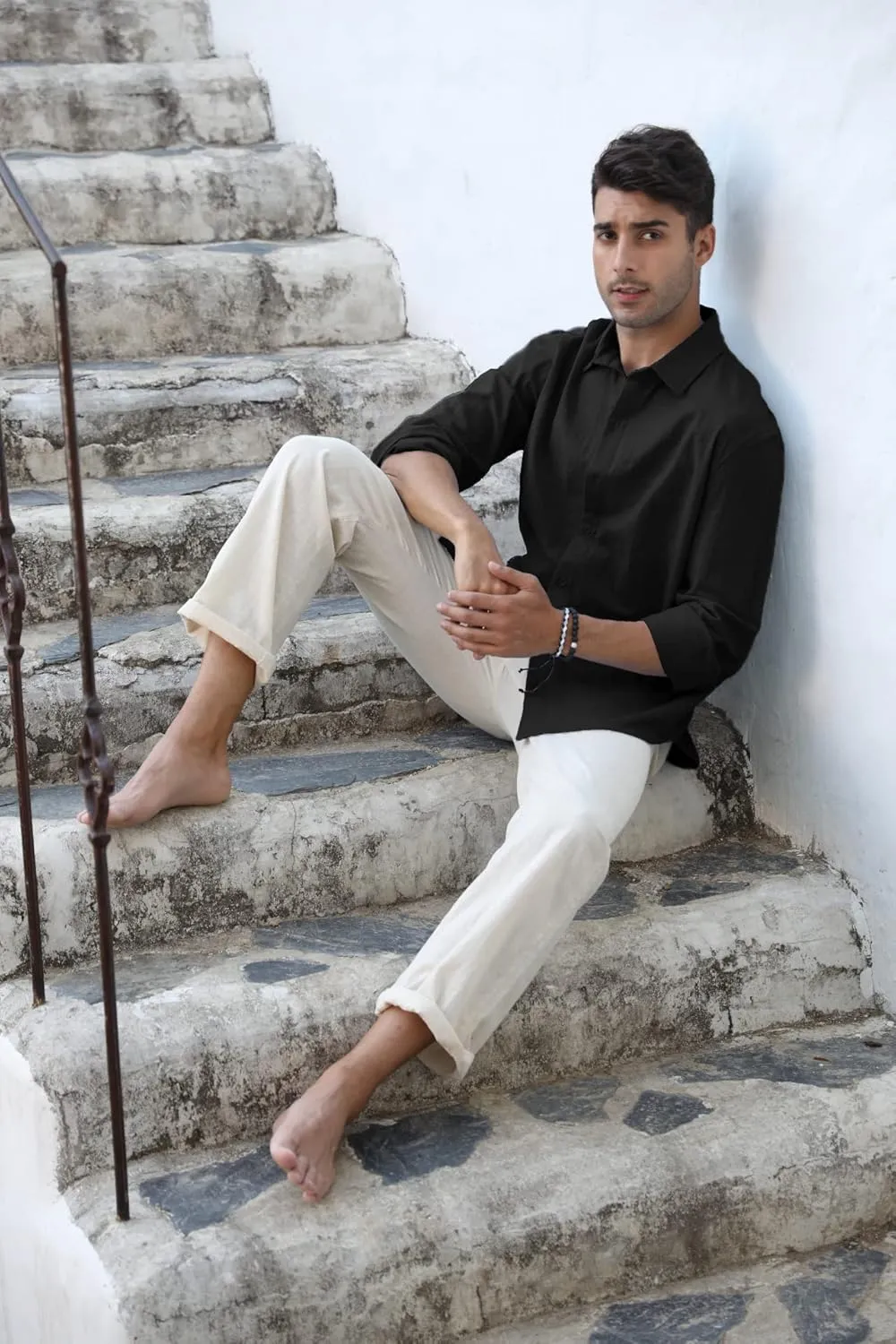 Mens Button Down Shirt Linen Cotton Shirts Casual Long Sleeve Spread Collar Lightweight Beach Plain Tops