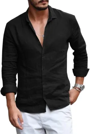 Mens Button Down Shirt Linen Cotton Shirts Casual Long Sleeve Spread Collar Lightweight Beach Plain Tops