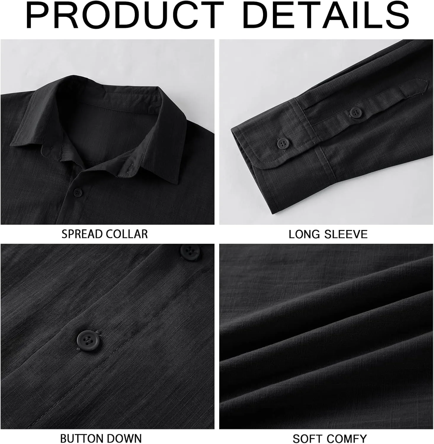 Mens Button Down Shirt Linen Cotton Shirts Casual Long Sleeve Spread Collar Lightweight Beach Plain Tops