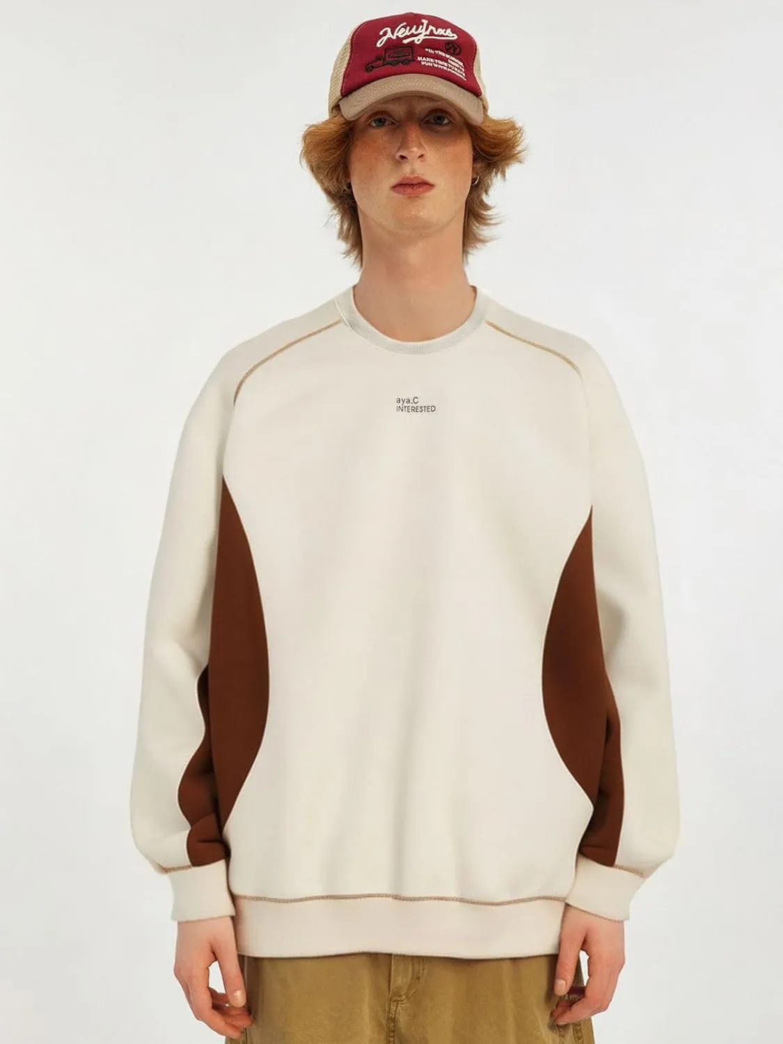 Men's Oversized Color Block Crewneck Sweatshirt Y2k Letter Graphic Long Sleeve Casual Pullover Shirt