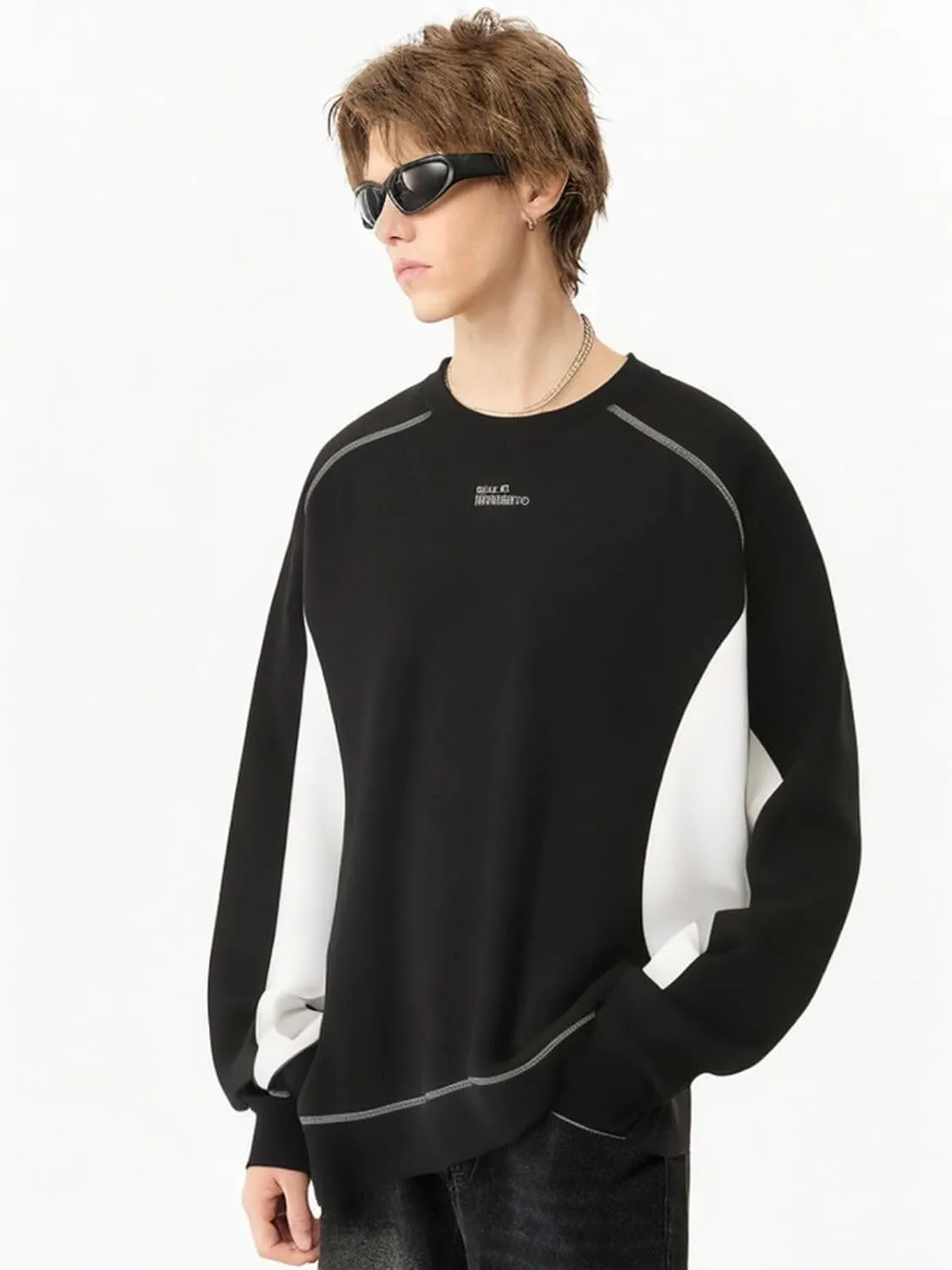 Men's Oversized Color Block Crewneck Sweatshirt Y2k Letter Graphic Long Sleeve Casual Pullover Shirt