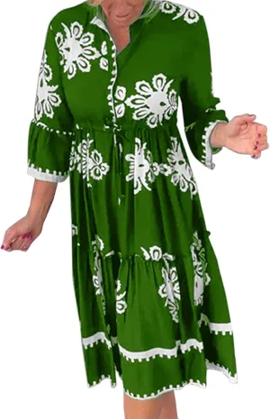 Miyaomn Womens Boho Floral Shirt Dress Tiered Ruffle Tied Waist Flare 3/4 Sleeve Button Down Casual A-Line Flowy Midi Dresses