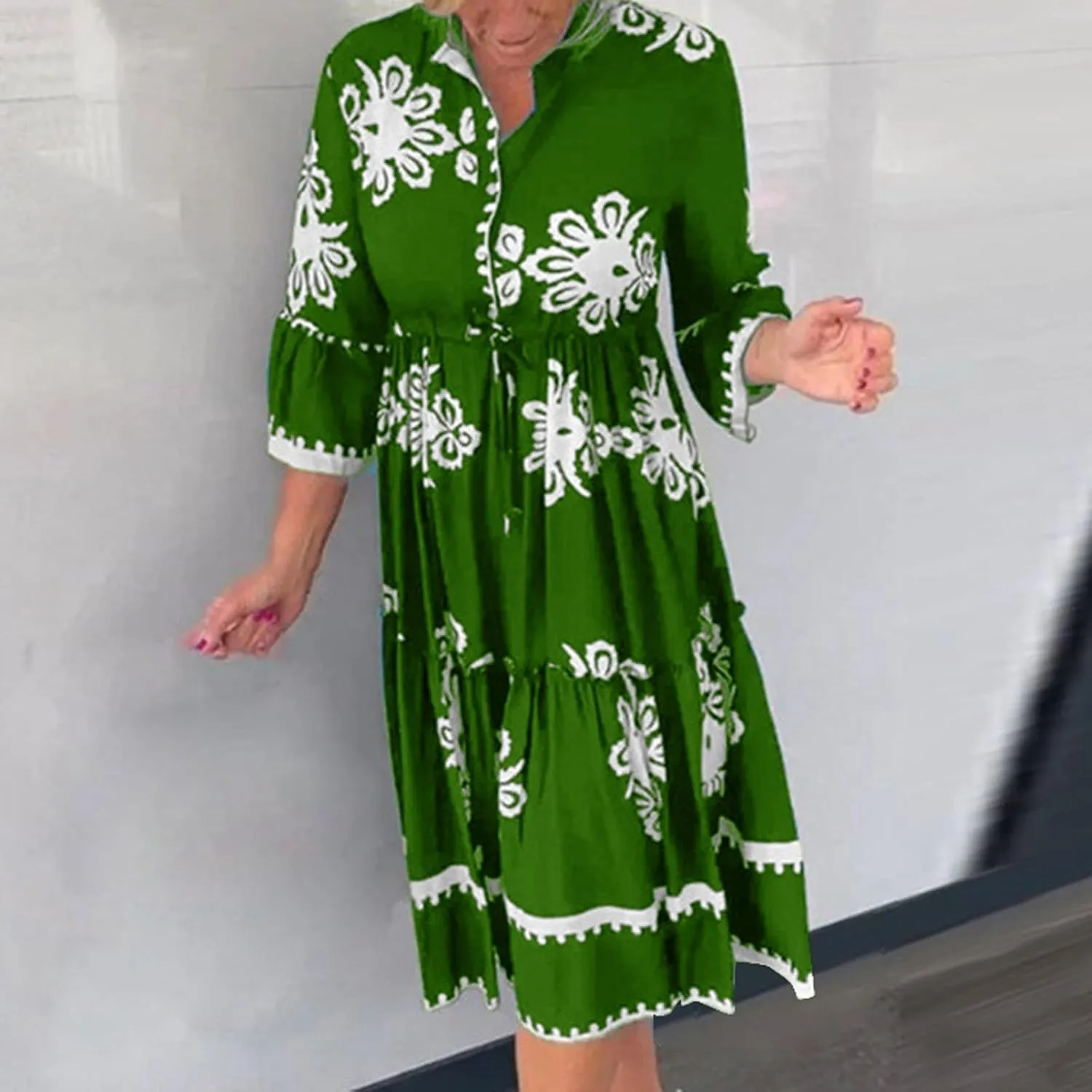 Miyaomn Womens Boho Floral Shirt Dress Tiered Ruffle Tied Waist Flare 3/4 Sleeve Button Down Casual A-Line Flowy Midi Dresses