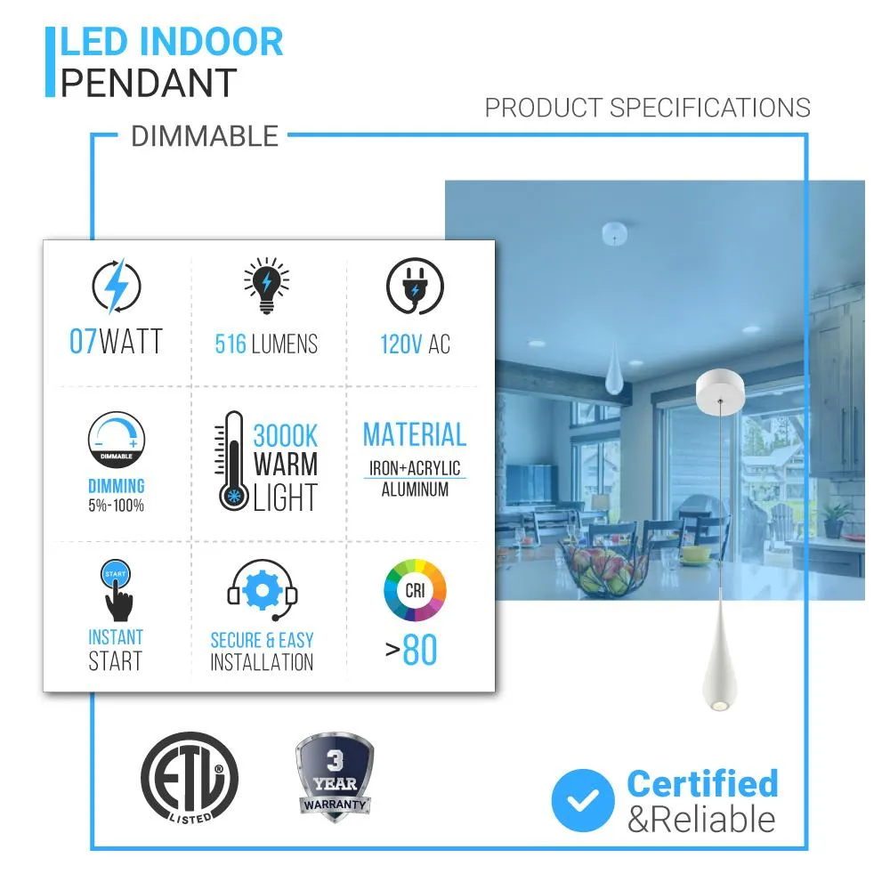 Modern LED Pendant Light Fixture, Dimmable, 3000K (Warm White) (P3362-1E)