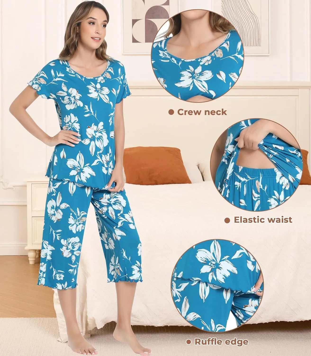 NACHILA Pajamas for Women-Viscose Made from Bamboo,Soft Capri Pants Pajama Sets Plus Size Pjs Cooling Short Sleeve Sleepwear