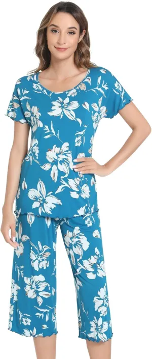 NACHILA Pajamas for Women-Viscose Made from Bamboo,Soft Capri Pants Pajama Sets Plus Size Pjs Cooling Short Sleeve Sleepwear