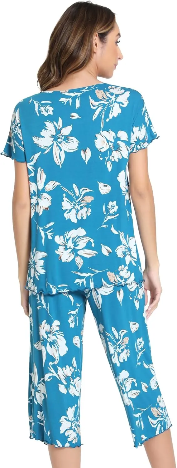 NACHILA Pajamas for Women-Viscose Made from Bamboo,Soft Capri Pants Pajama Sets Plus Size Pjs Cooling Short Sleeve Sleepwear