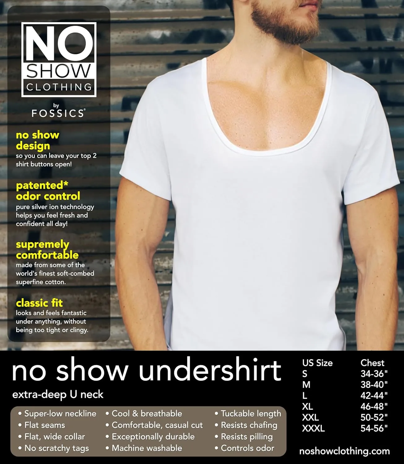 NO Show Deep Scoop Neck Cotton Odor-Control Undershirt for Men, White