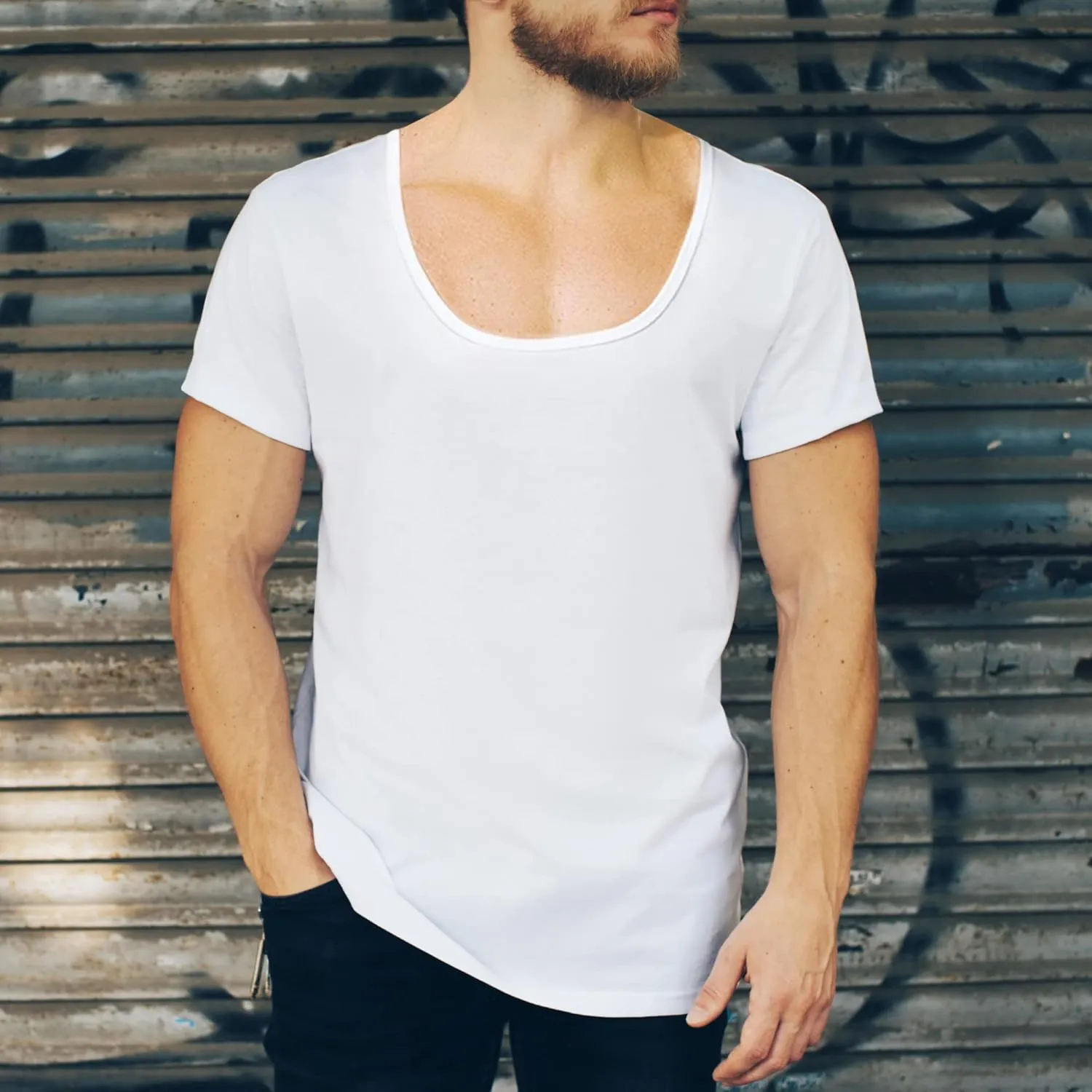 NO Show Deep Scoop Neck Cotton Odor-Control Undershirt for Men, White