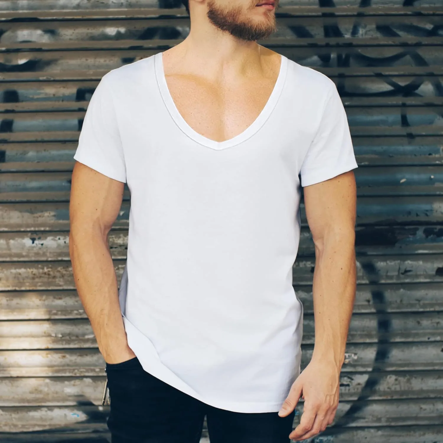 NO Show Deep V Neck Cotton Odor-Control Undershirt for Men, White