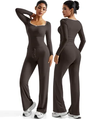 OMKAGI Womens Lounge Set Lace Square Neck Long Sleeve Tops Wide Leg Pants 2 Piece Outfits