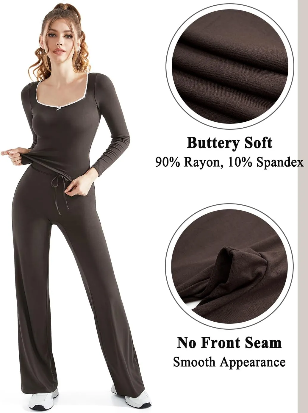 OMKAGI Womens Lounge Set Lace Square Neck Long Sleeve Tops Wide Leg Pants 2 Piece Outfits