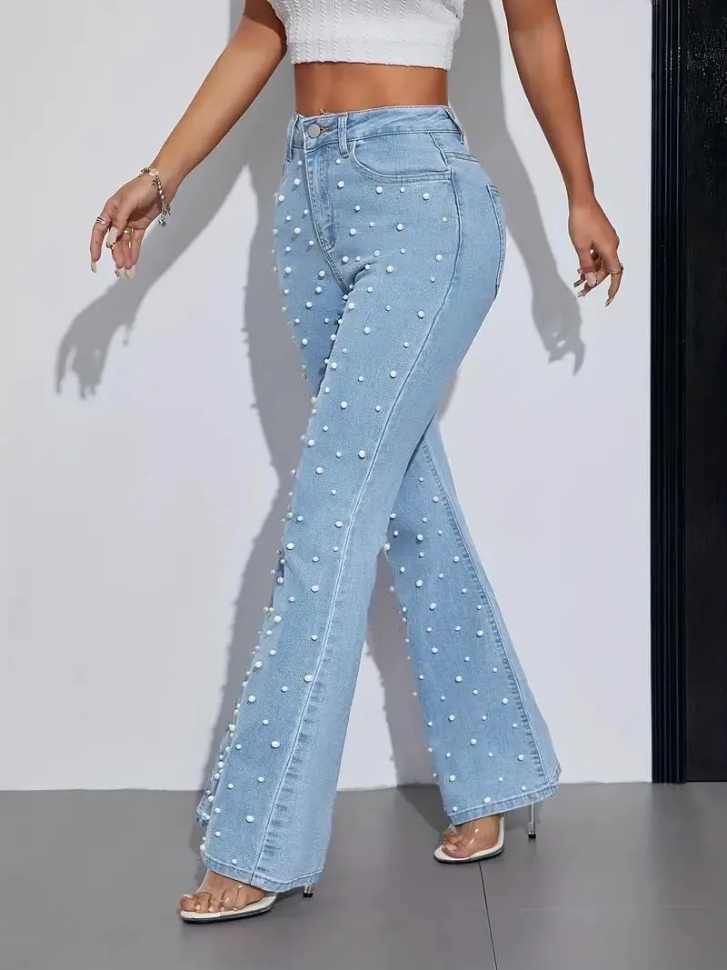 Pearl Jeans for Women High Waisted Flare Leg Denim Pants Casual Baggy Boyfriend Trousers