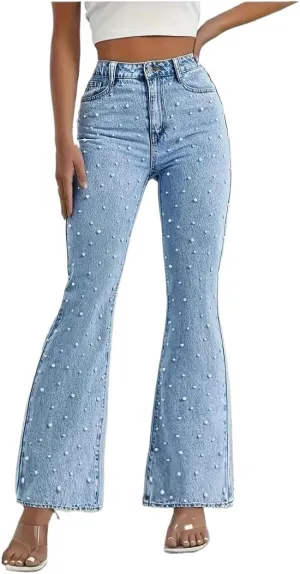 Pearl Jeans for Women High Waisted Flare Leg Denim Pants Casual Baggy Boyfriend Trousers