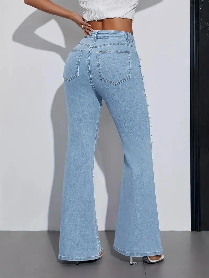 Pearl Jeans for Women High Waisted Flare Leg Denim Pants Casual Baggy Boyfriend Trousers