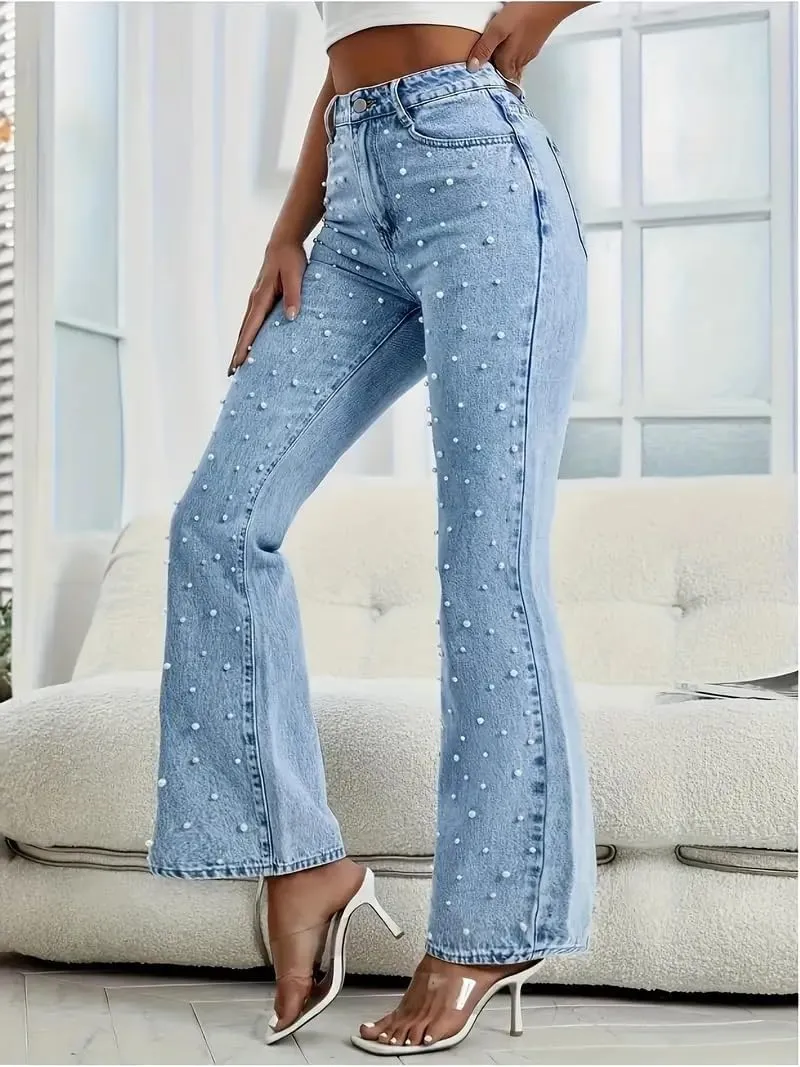 Pearl Jeans for Women High Waisted Flare Leg Denim Pants Casual Baggy Boyfriend Trousers