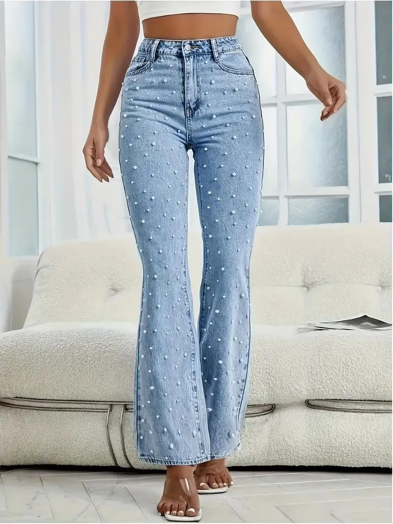 Pearl Jeans for Women High Waisted Flare Leg Denim Pants Casual Baggy Boyfriend Trousers