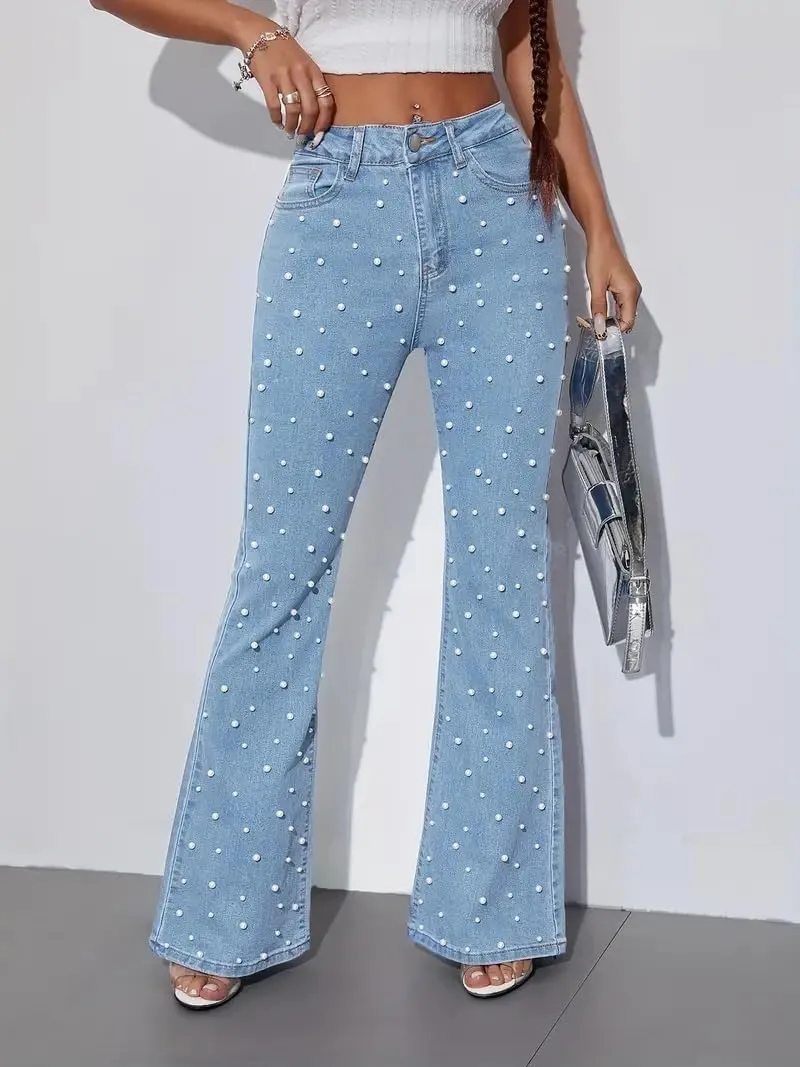 Pearl Jeans for Women High Waisted Flare Leg Denim Pants Casual Baggy Boyfriend Trousers