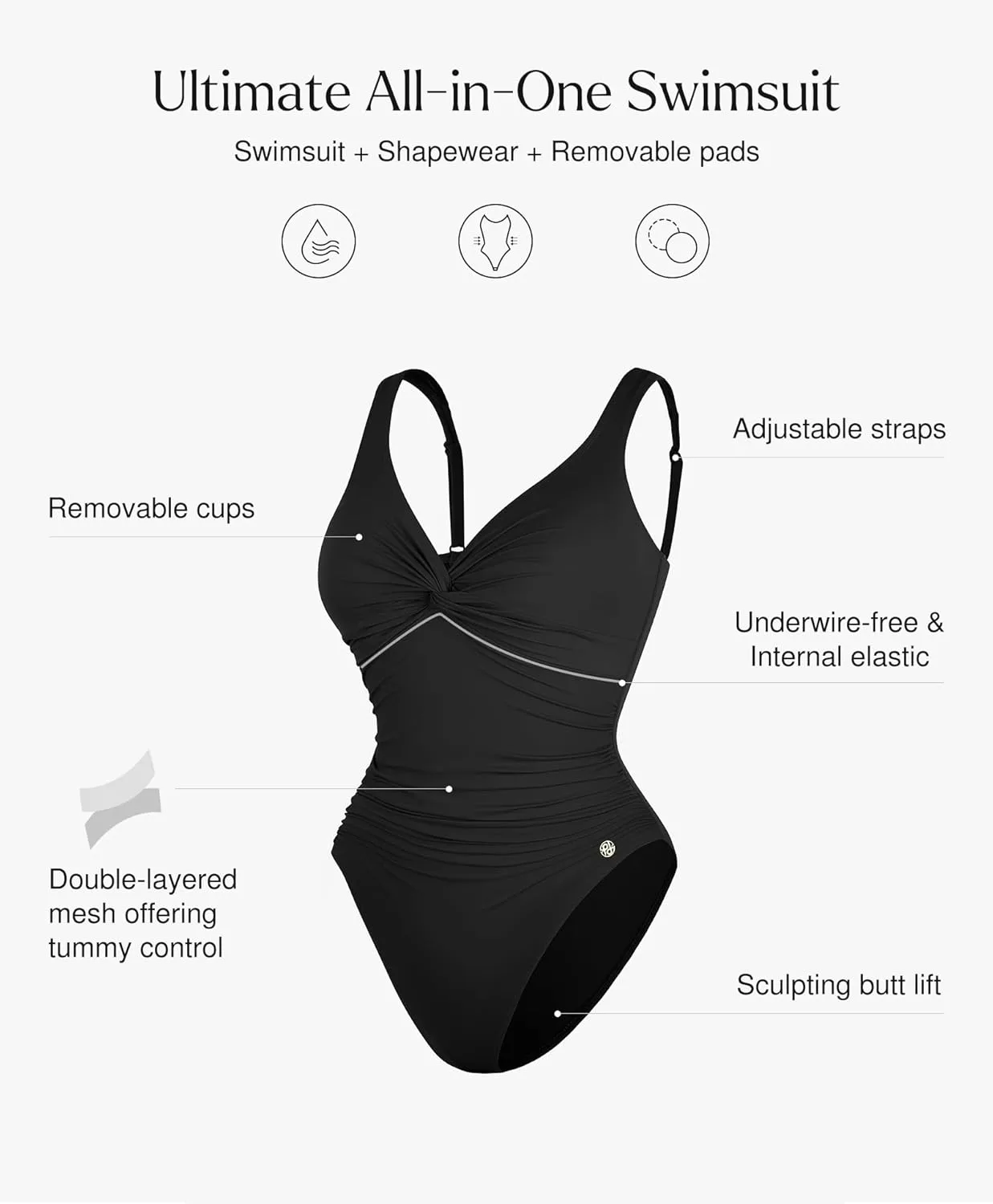 Popilush Tummy Control Swimsuits for Women - Ruched One Piece Shapewear Bathing Suit Twist Front Swimwear
