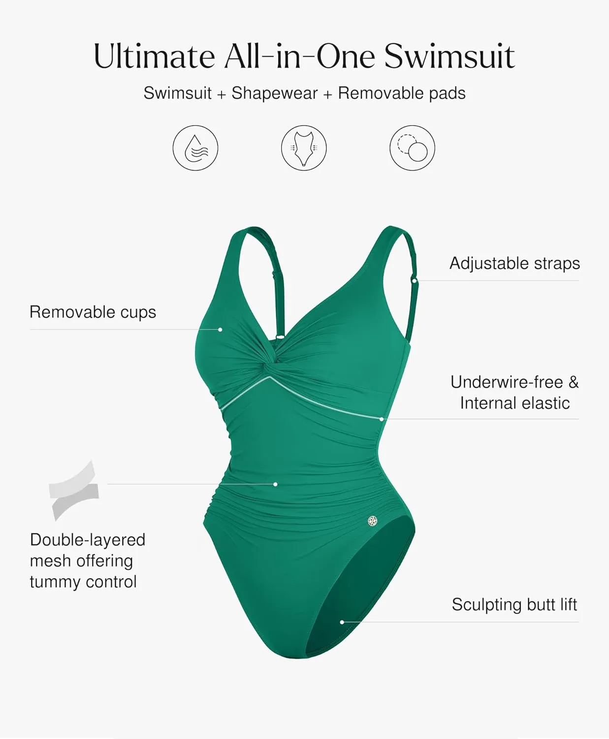 Popilush Tummy Control Swimsuits for Women - Ruched One Piece Shapewear Bathing Suit Twist Front Swimwear