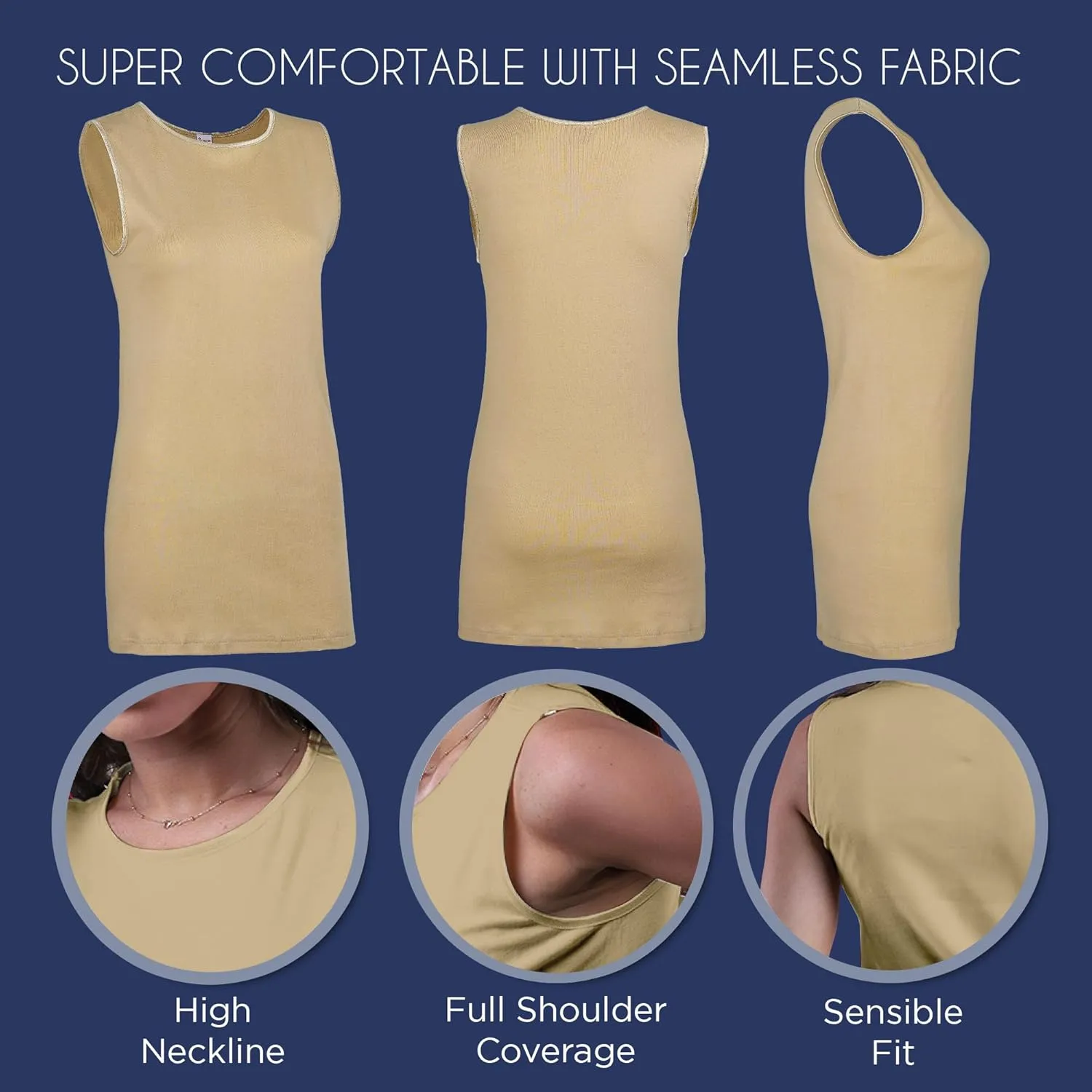 Rosette Womens Sleeveless Undershirt - Cotton  High Neck, Full shoulder design