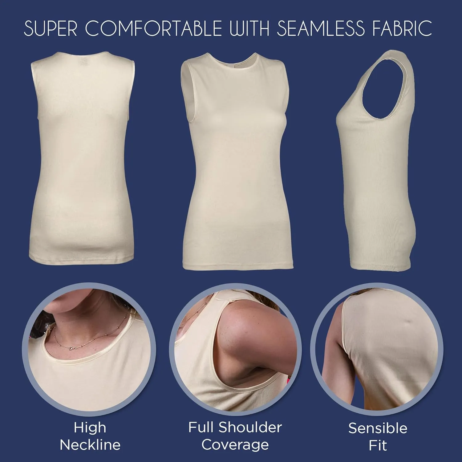 Rosette Womens Sleeveless Undershirt - Cotton  High Neck, Full shoulder design