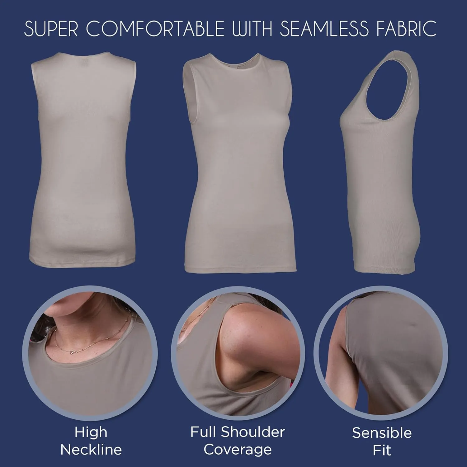 Rosette Womens Sleeveless Undershirt - Cotton  High Neck, Full shoulder design