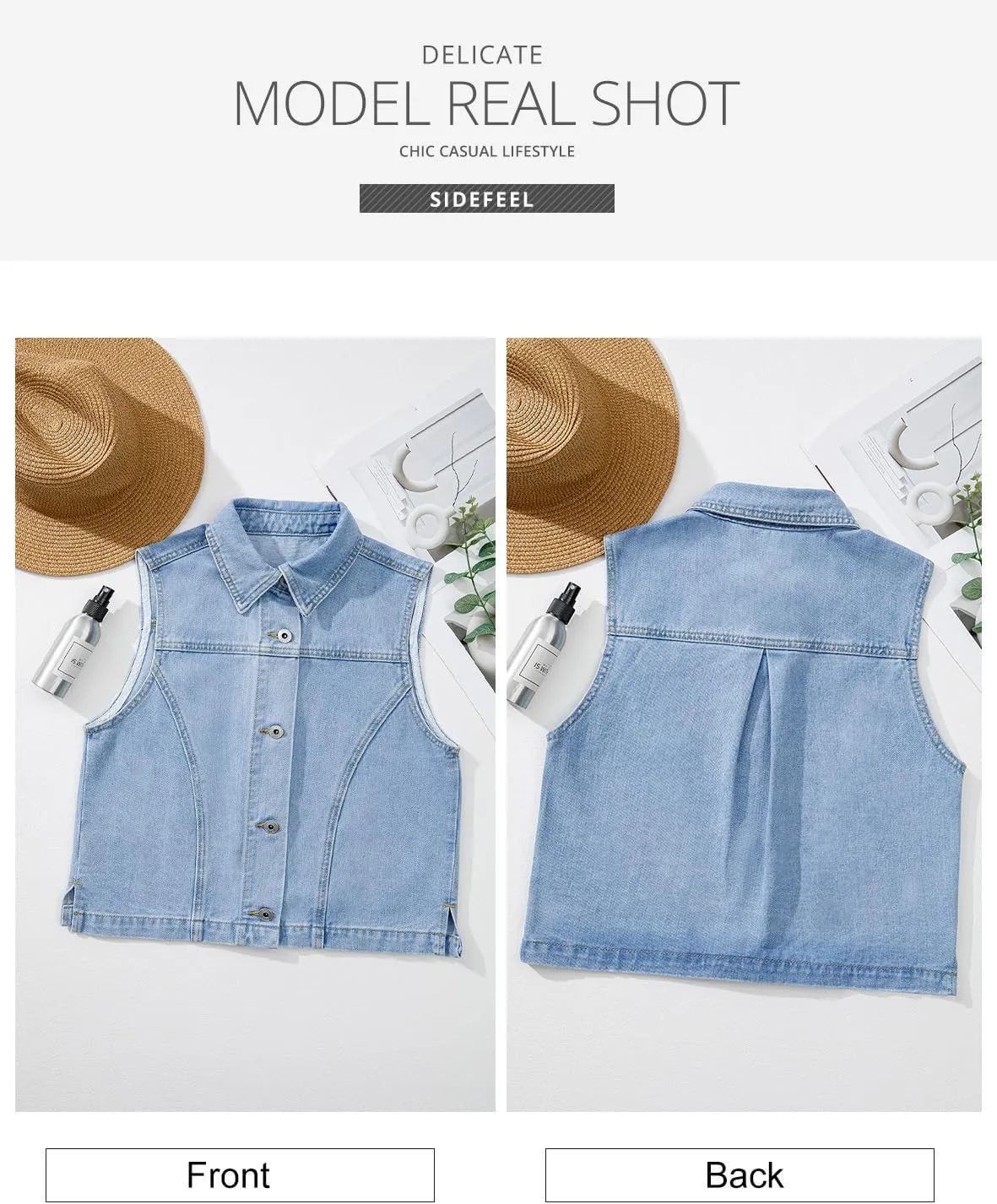 Sidefeel Women's Denim Vest Sleeveless Collared Zimbaplatinum Crop Jean Vest Top Button Down Waistcoat
