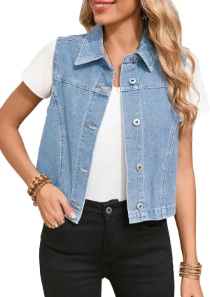 Sidefeel Women's Denim Vest Sleeveless Collared Zimbaplatinum Crop Jean Vest Top Button Down Waistcoat