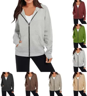 SMIDOW Womens Full Zip Up Hooded Sweatshirts Preppy Coats with Finger Hole Pullover Tops Pockets Fleece Fall Teen Girl Jacket