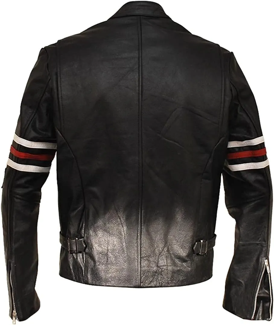 SpazeUp Men's MD Motorcycle Jacket  Black Biker Leather Jacket with Logo Patches Black Leather Jacket Men