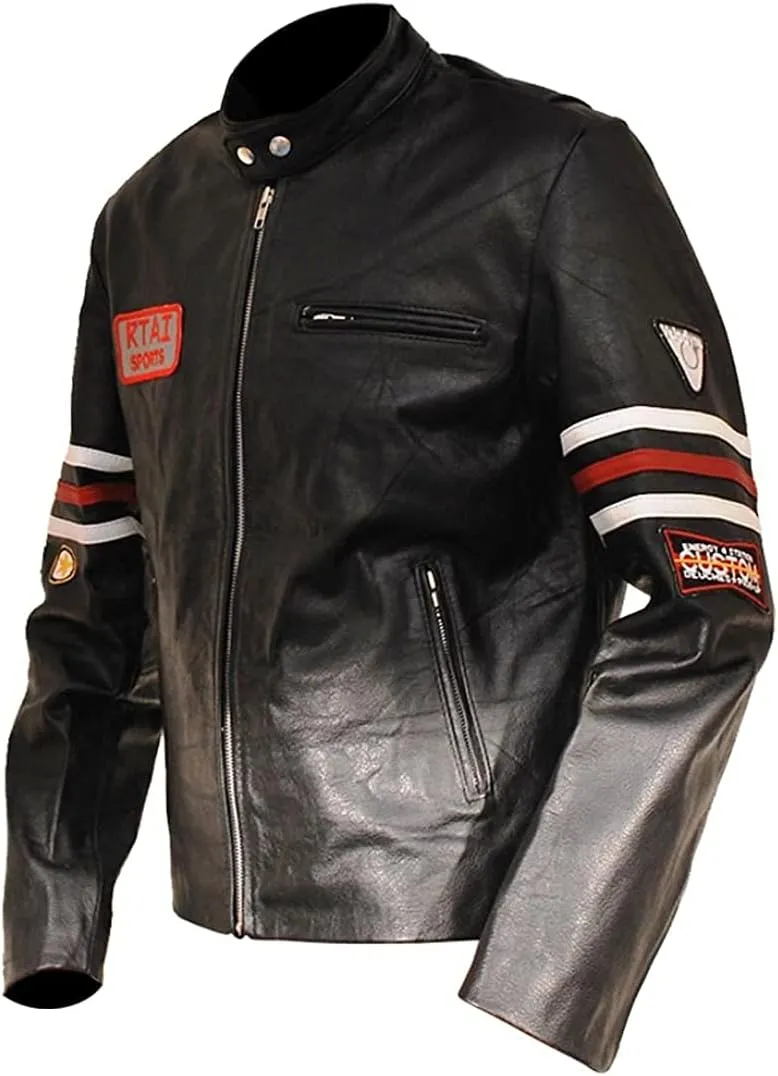 SpazeUp Men's MD Motorcycle Jacket  Black Biker Leather Jacket with Logo Patches Black Leather Jacket Men