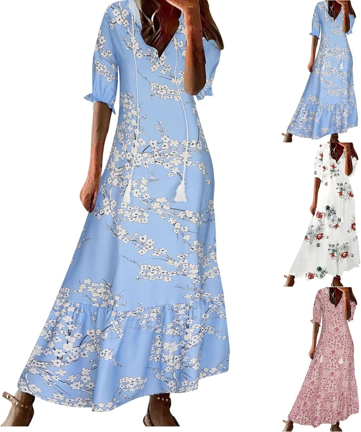 Summer Dresses for Women 2025 Boho Floral Print Long Dress Plus Size Maxi Sundress Flowy Beach Vacation Dress Outfits