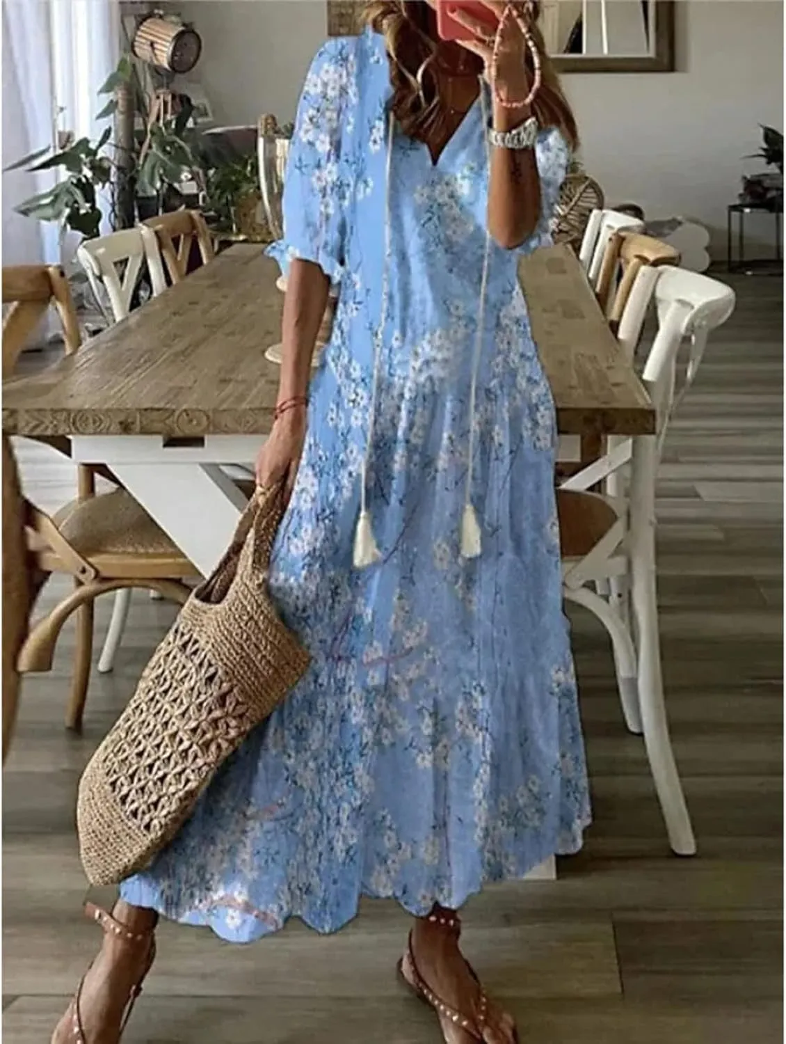 Summer Dresses for Women 2025 Boho Floral Print Long Dress Plus Size Maxi Sundress Flowy Beach Vacation Dress Outfits
