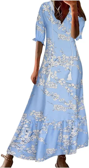 Summer Dresses for Women 2025 Boho Floral Print Long Dress Plus Size Maxi Sundress Flowy Beach Vacation Dress Outfits