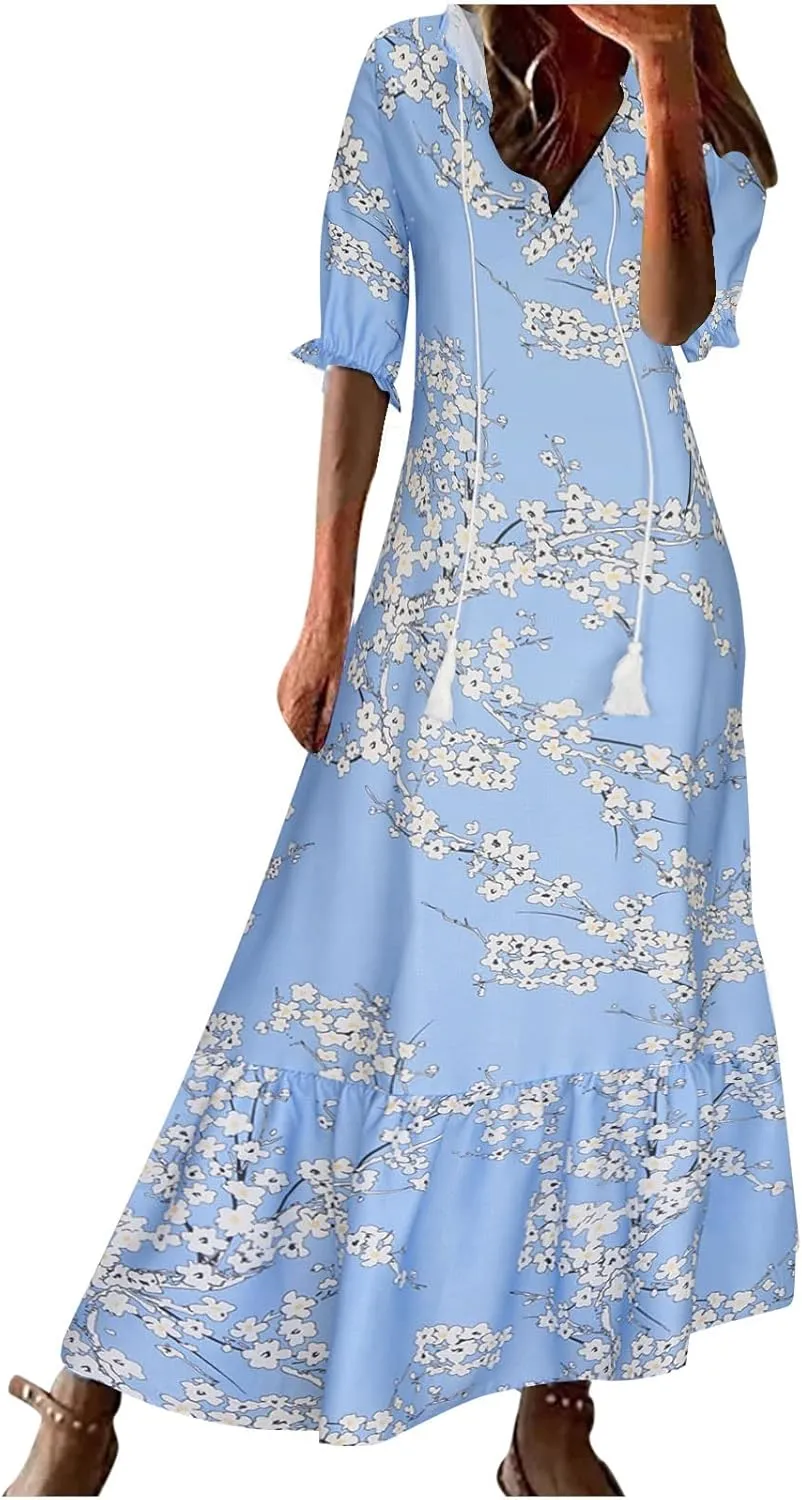 Summer Dresses for Women 2025 Boho Floral Print Long Dress Plus Size Maxi Sundress Flowy Beach Vacation Dress Outfits