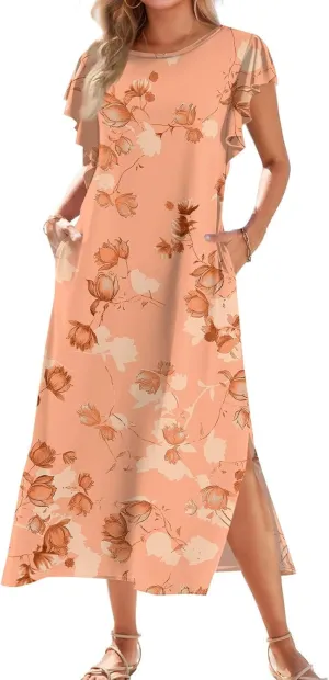 Summer Dresses for Women 2025 Floral Print Ruffle Sleeve Beach Dress Loose Casual Split Long Dress with Pockets