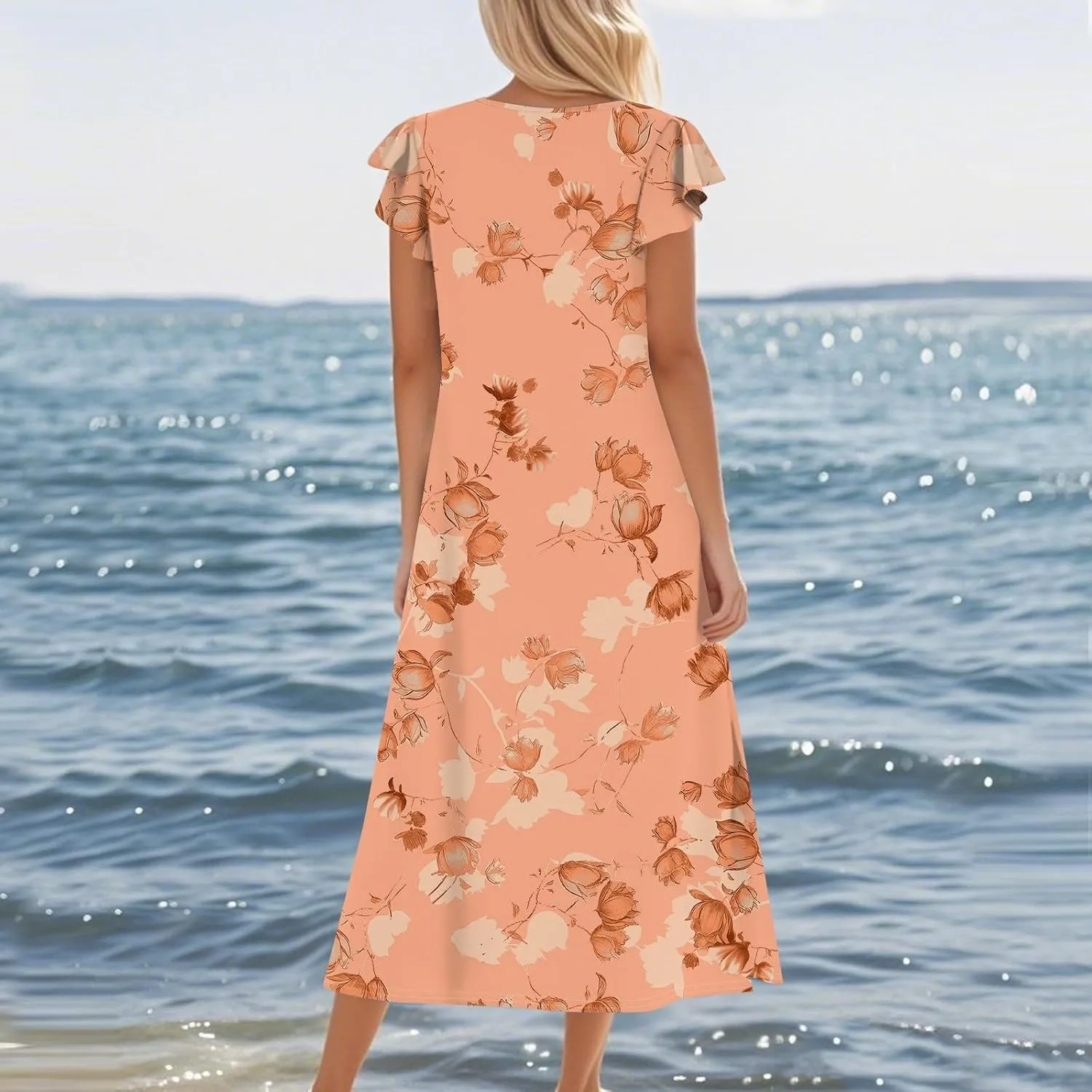 Summer Dresses for Women 2025 Floral Print Ruffle Sleeve Beach Dress Loose Casual Split Long Dress with Pockets