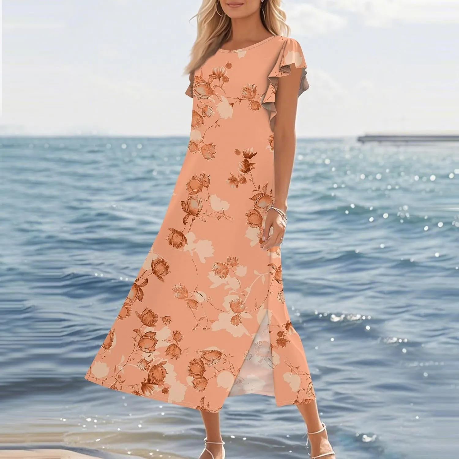 Summer Dresses for Women 2025 Floral Print Ruffle Sleeve Beach Dress Loose Casual Split Long Dress with Pockets