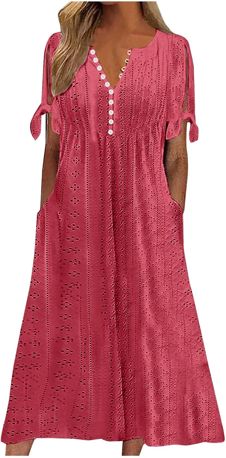 Summer Dresses for Women 2025 Plus Size Wedding Guest Maxi Dress Beach Vacation Sundress Short Sleeve Eyelet Dresses