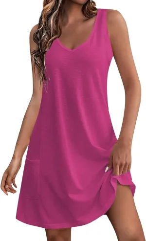 Summer Dresses for Women 2025 Sexy V Neck Mini Dress Sleeveless Tank Dress Loose Fit Sundresses with Pockets