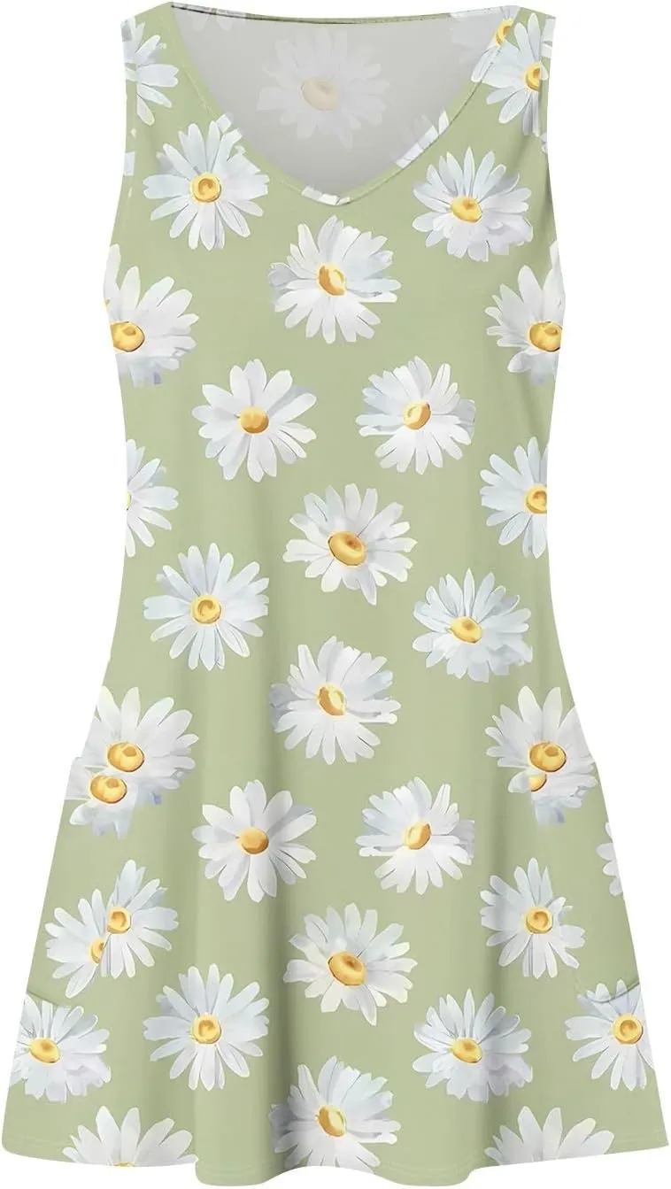 Summer Dresses for Women 2025 Vacation Casual V Neck Sleeveless Tank Sundress Boho Floral T Shirt Dress with Pockets