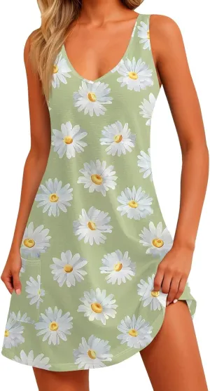 Summer Dresses for Women 2025 Vacation Casual V Neck Sleeveless Tank Sundress Boho Floral T Shirt Dress with Pockets