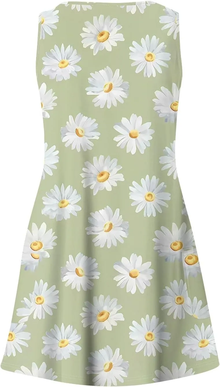 Summer Dresses for Women 2025 Vacation Casual V Neck Sleeveless Tank Sundress Boho Floral T Shirt Dress with Pockets
