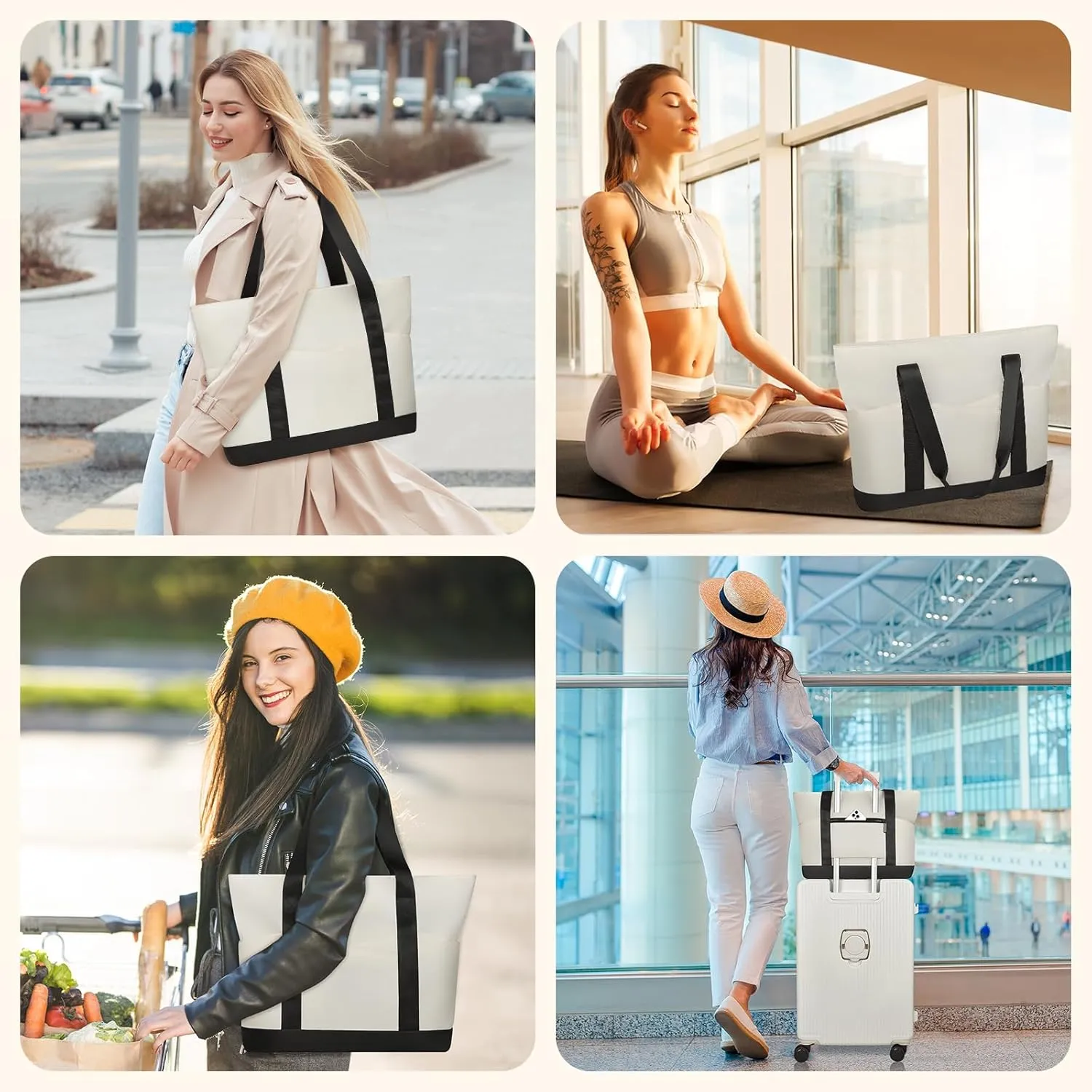 Travel Tote Bag for Women, Large Tote Handbag with Zipper, Beach Bag with Multi Pockets for College Work Shopping