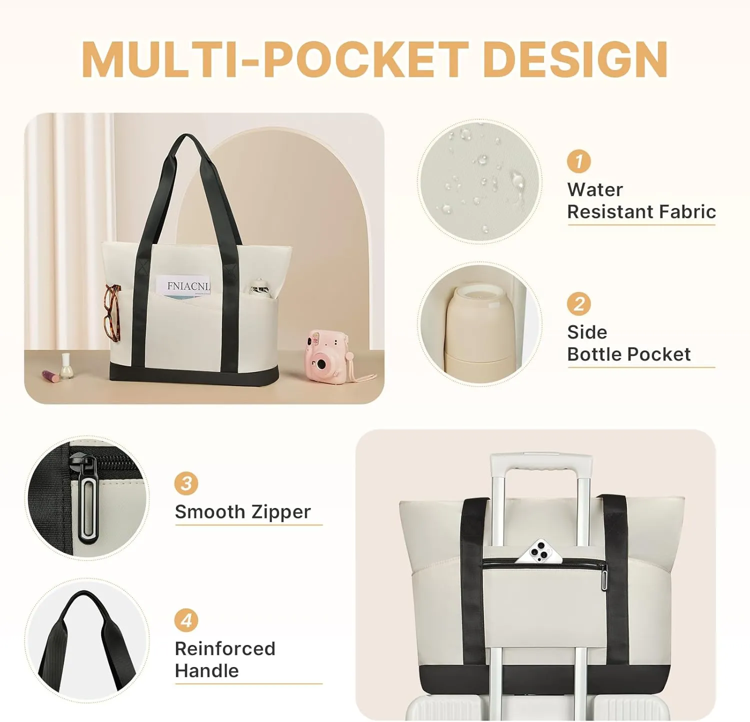 Travel Tote Bag for Women, Large Tote Handbag with Zipper, Beach Bag with Multi Pockets for College Work Shopping