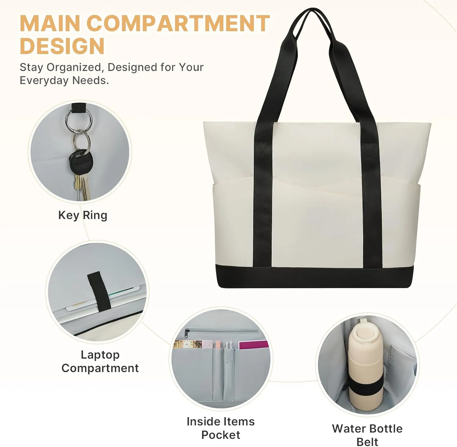 Travel Tote Bag for Women, Large Tote Handbag with Zipper, Beach Bag with Multi Pockets for College Work Shopping