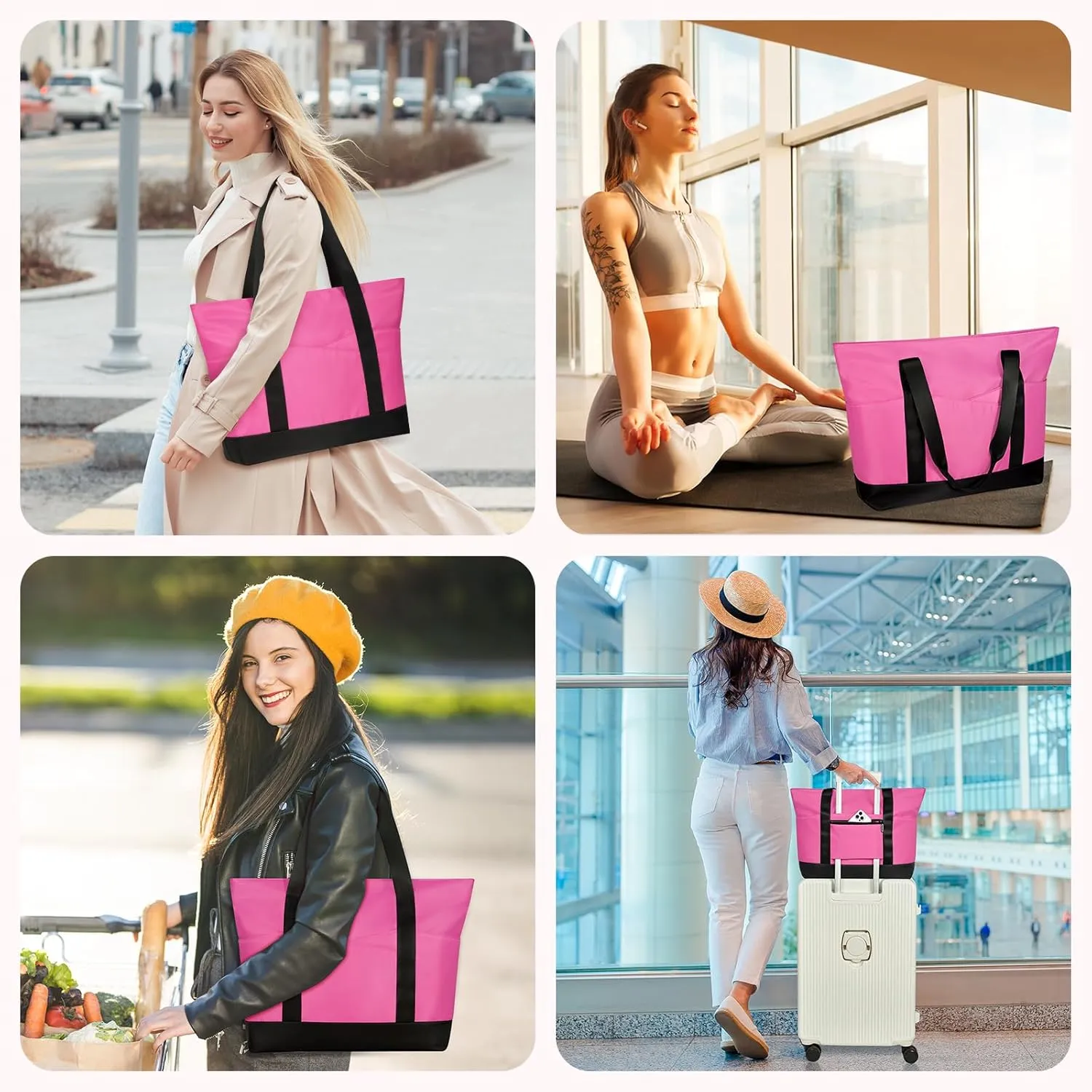 Travel Tote Bag for Women, Large Tote Handbag with Zipper, Beach Bag with Multi Pockets for College Work Shopping