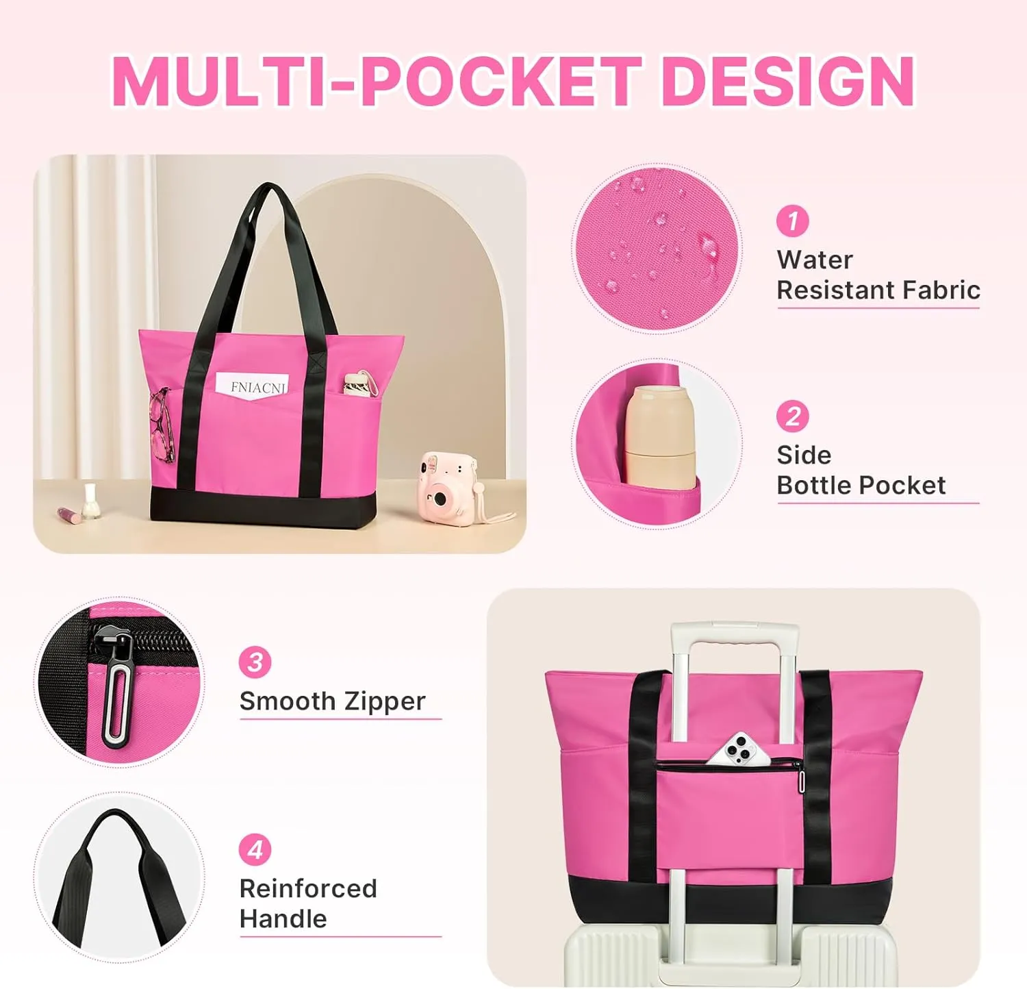 Travel Tote Bag for Women, Large Tote Handbag with Zipper, Beach Bag with Multi Pockets for College Work Shopping